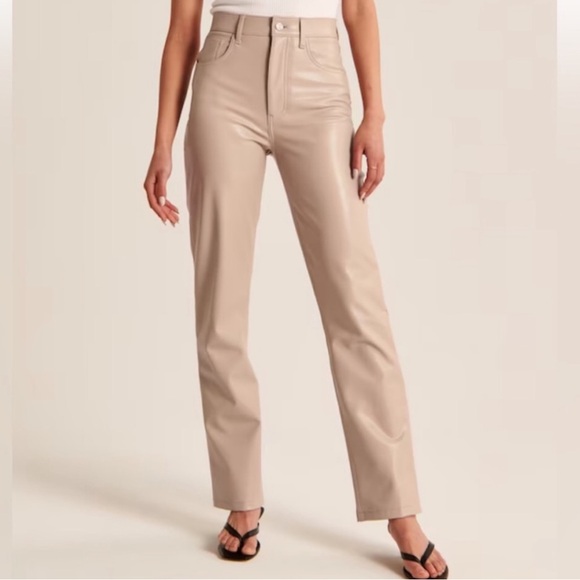 Size 24/00 short tan Curve Love Vegan Leather 90s Straight Pant Ultra High Rise - Picture 2 of 7